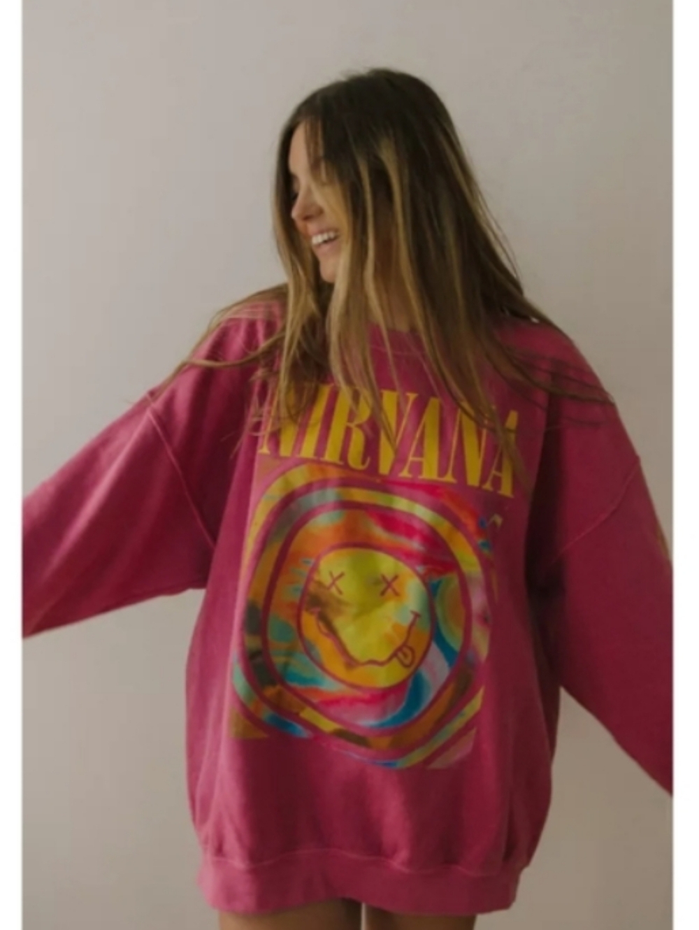 Urban Outfitters NIRVANA SmileyRock Vibrant Pink Crewneck Sweater Sweatshirt M/L